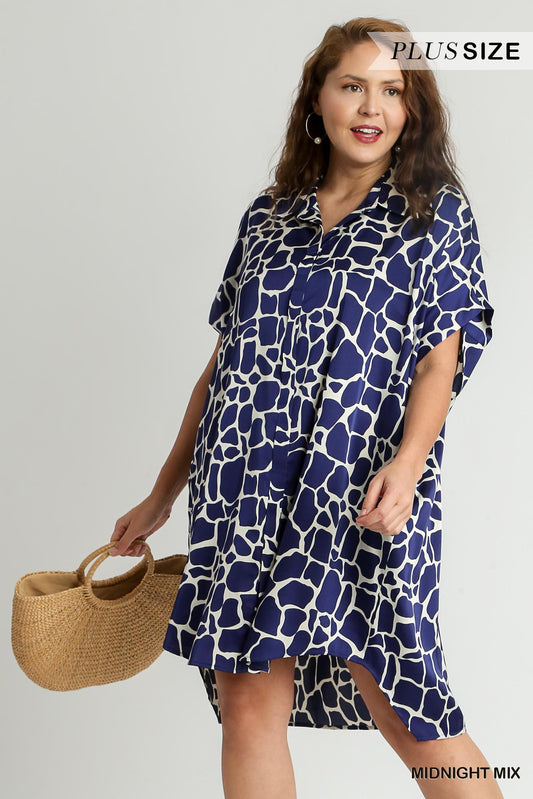 Umgee Plus Two Tone Animal Print Button Down High Low Hem Side Pockets Dress
