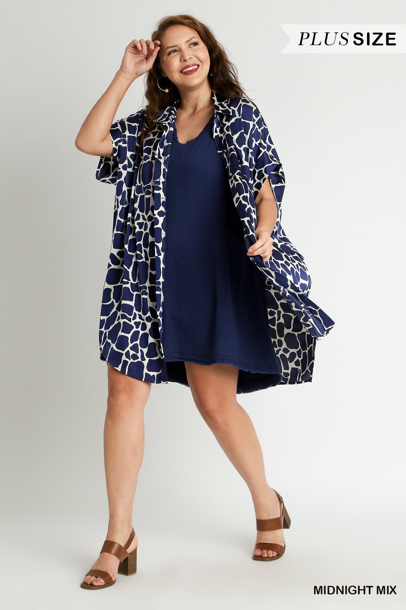 Umgee Plus Two Tone Animal Print Button Down High Low Hem Side Pockets Dress
