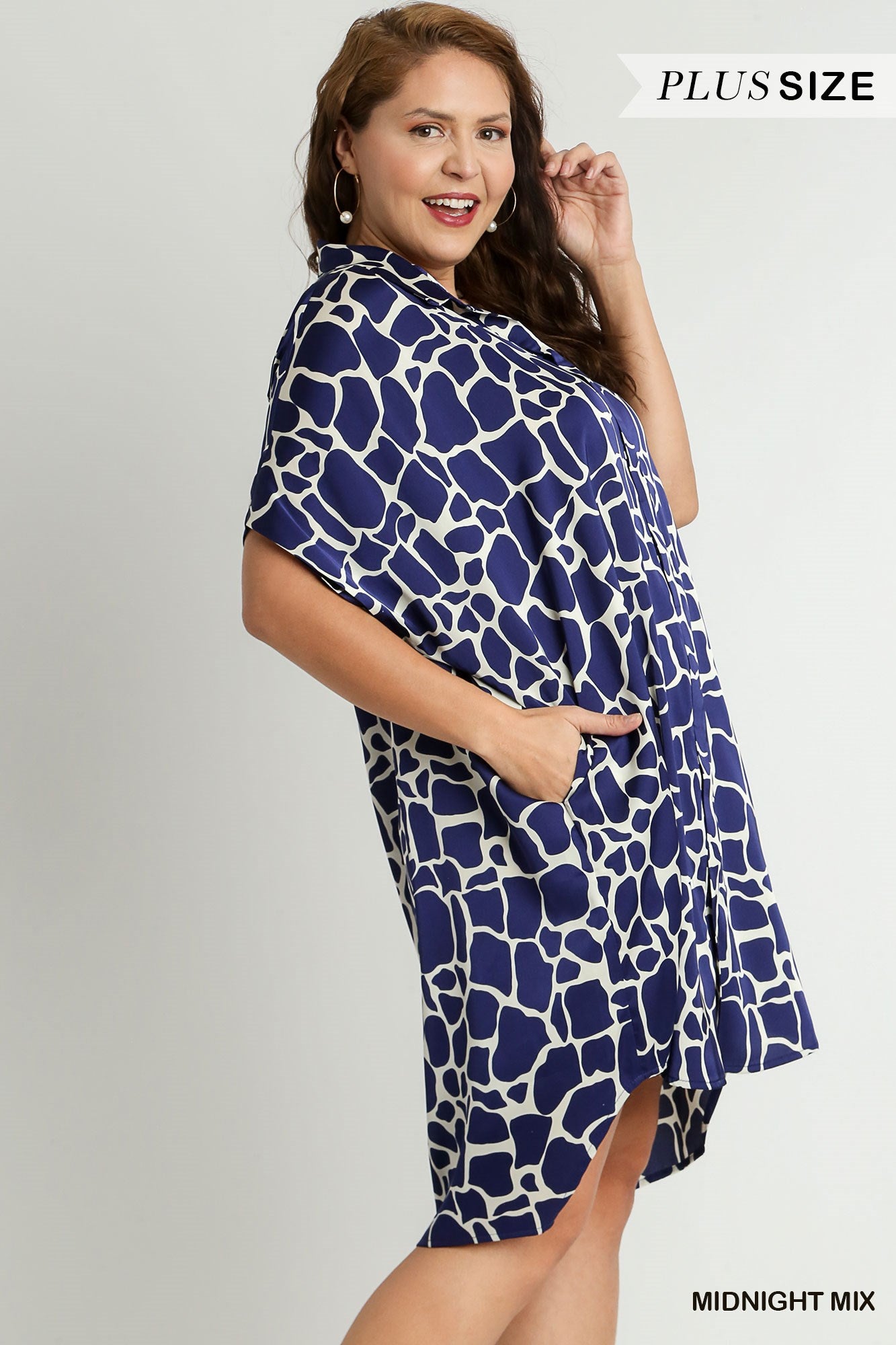 Umgee Plus Two Tone Animal Print Button Down High Low Hem Side Pockets Dress