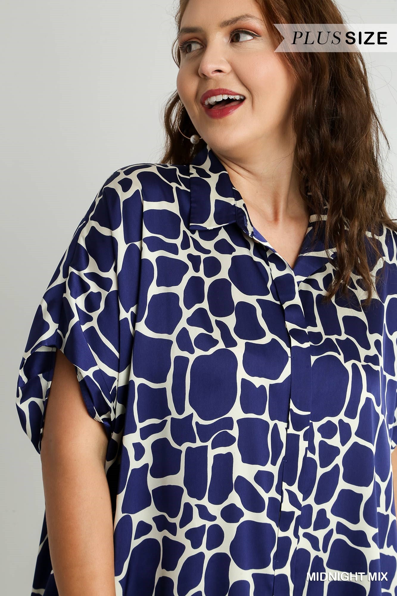 Umgee Plus Two Tone Animal Print Button Down High Low Hem Side Pockets Dress