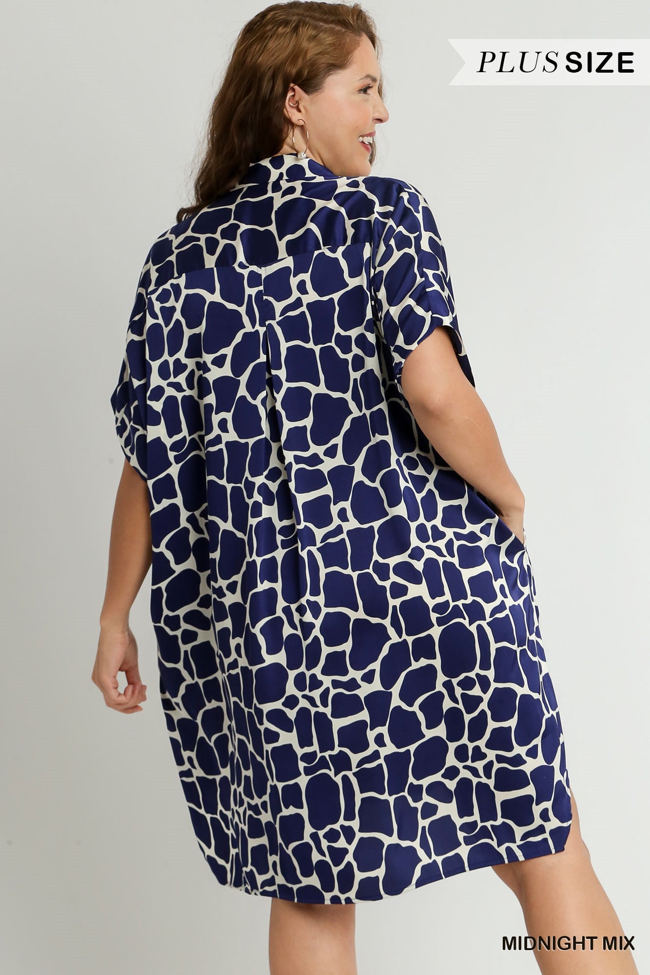 Umgee Plus Two Tone Animal Print Button Down High Low Hem Side Pockets Dress