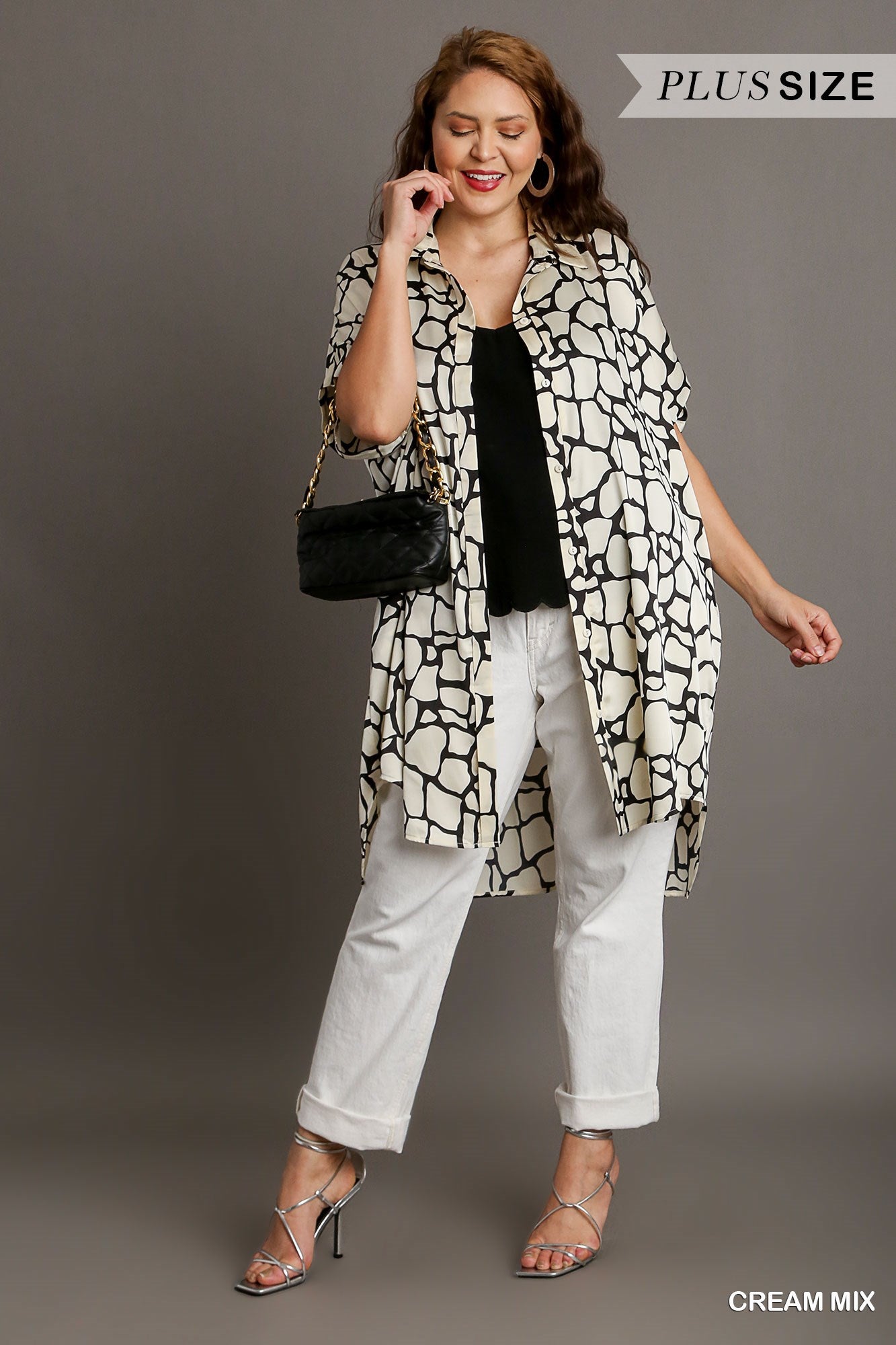 Umgee Plus Two Tone Animal Print Button Down High Low Hem Side Pockets Dress