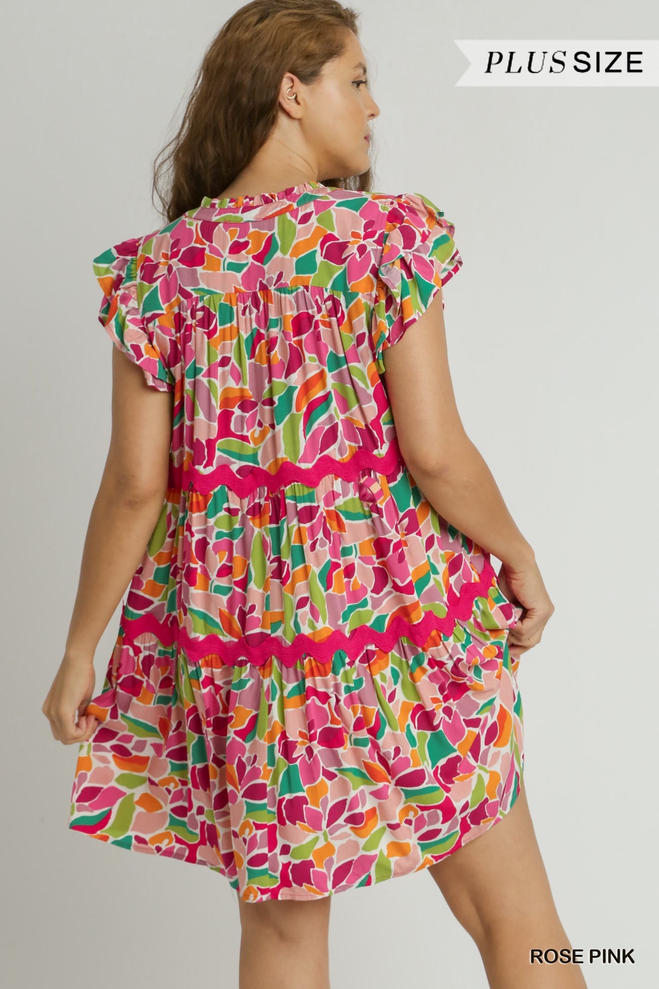Umgee Plus Abstract Print Tiered Split Ruffle Neck Ric Rac Trim Dress