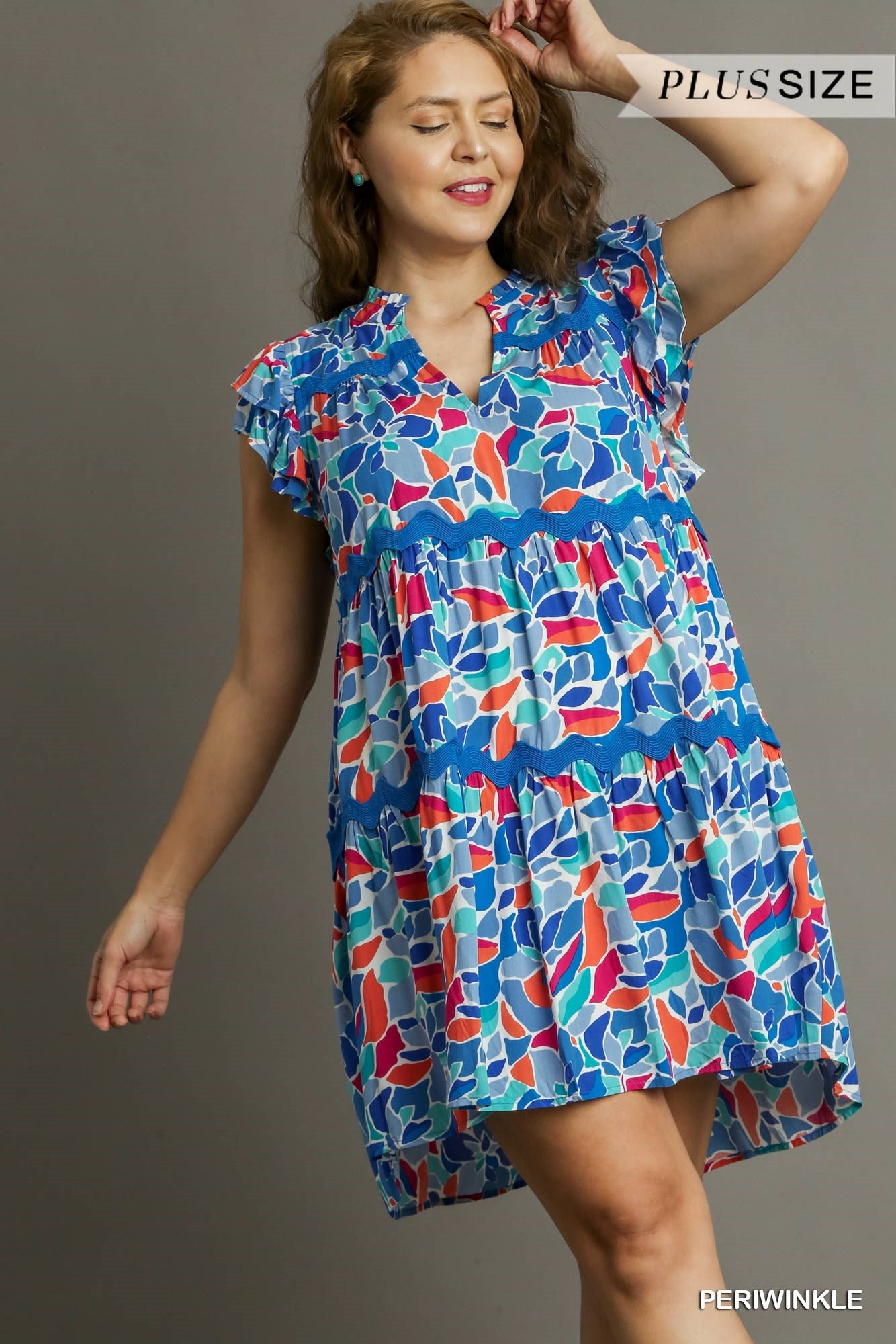 Umgee Plus Abstract Print Tiered Split Ruffle Neck Ric Rac Trim Dress