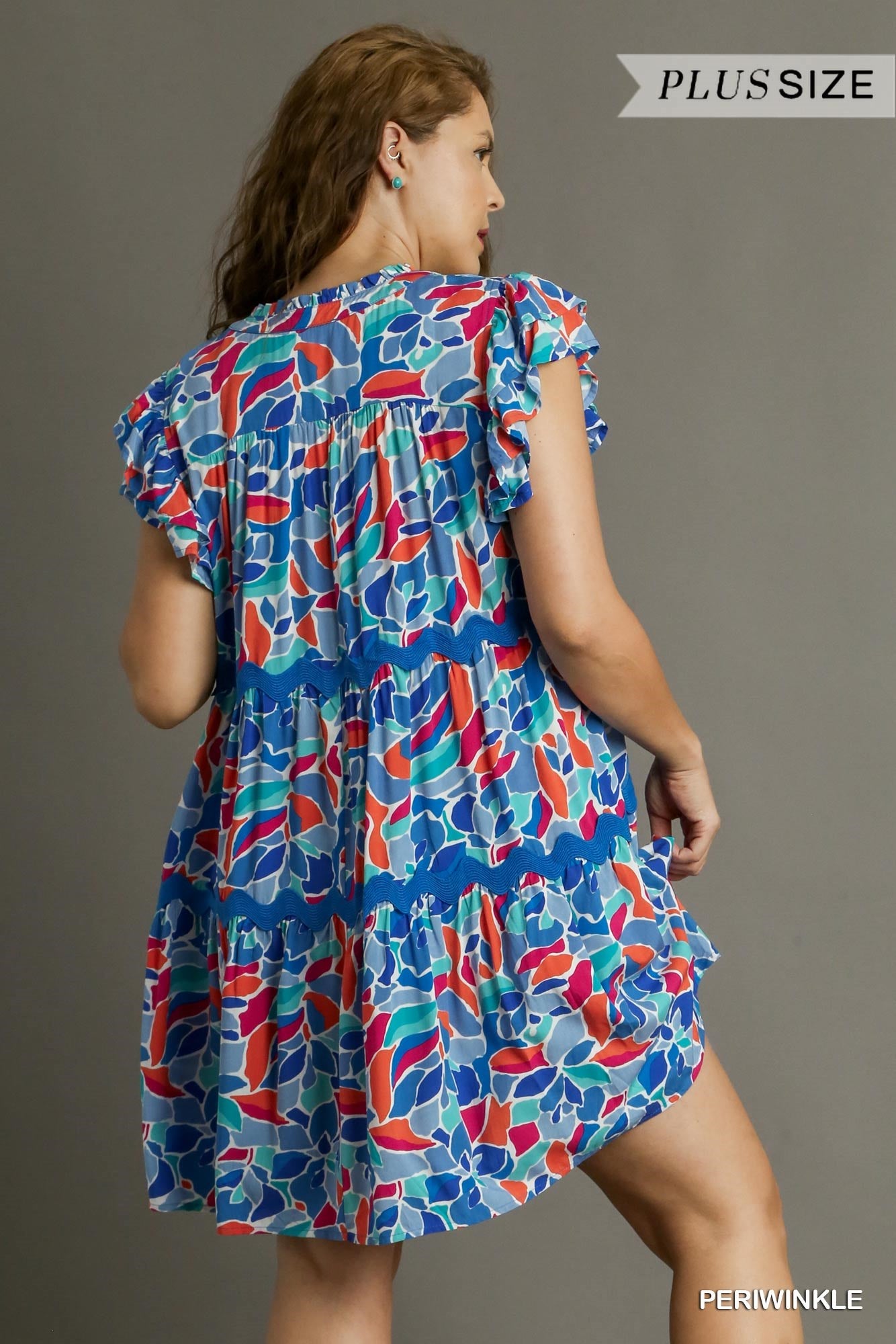 Umgee Plus Abstract Print Tiered Split Ruffle Neck Ric Rac Trim Dress