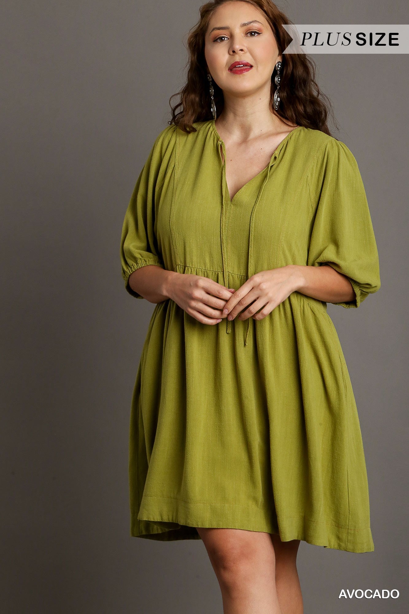 Umgee Plus Linen Blend V-Neck Pleated 3/4 Short Sleeves Short Dress