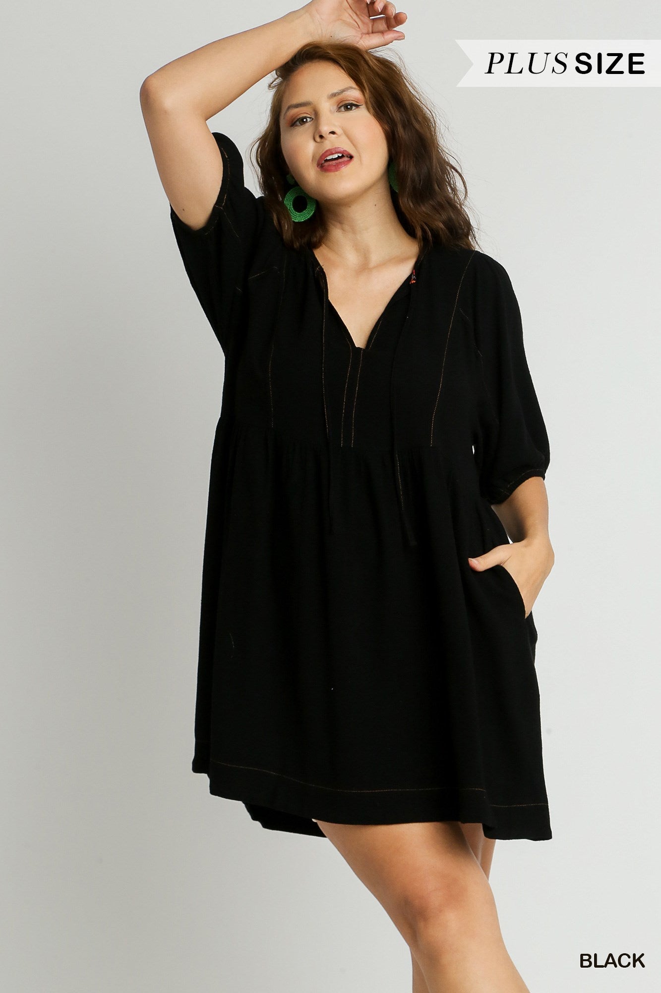 Umgee Plus Linen Blend V-Neck Pleated 3/4 Short Sleeves Short Dress