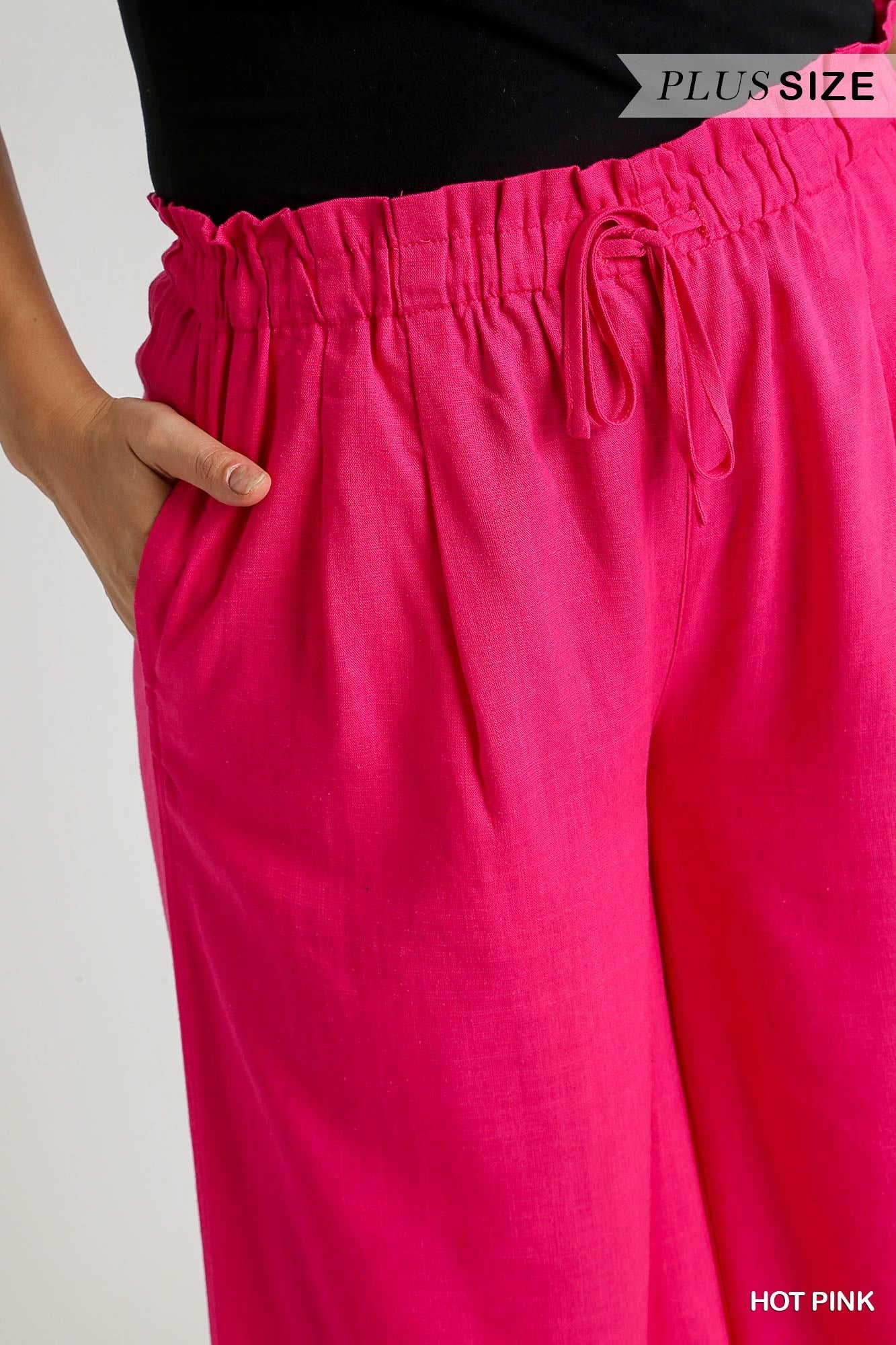 Umgee Plus Linen Wide Fit Drawstring Side Pockets Ruffle Waist Band Pants