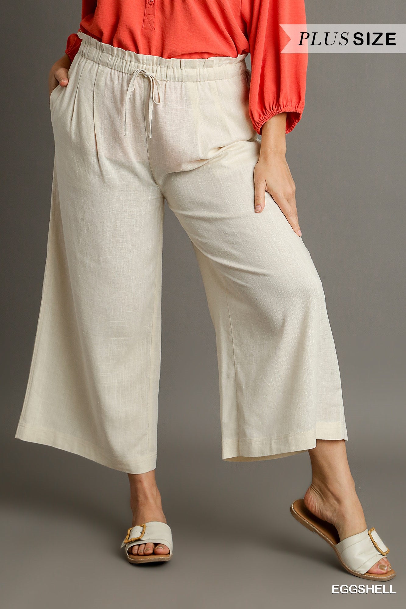 Umgee Plus Linen Wide Fit Drawstring Side Pockets Ruffle Waist Band Pants