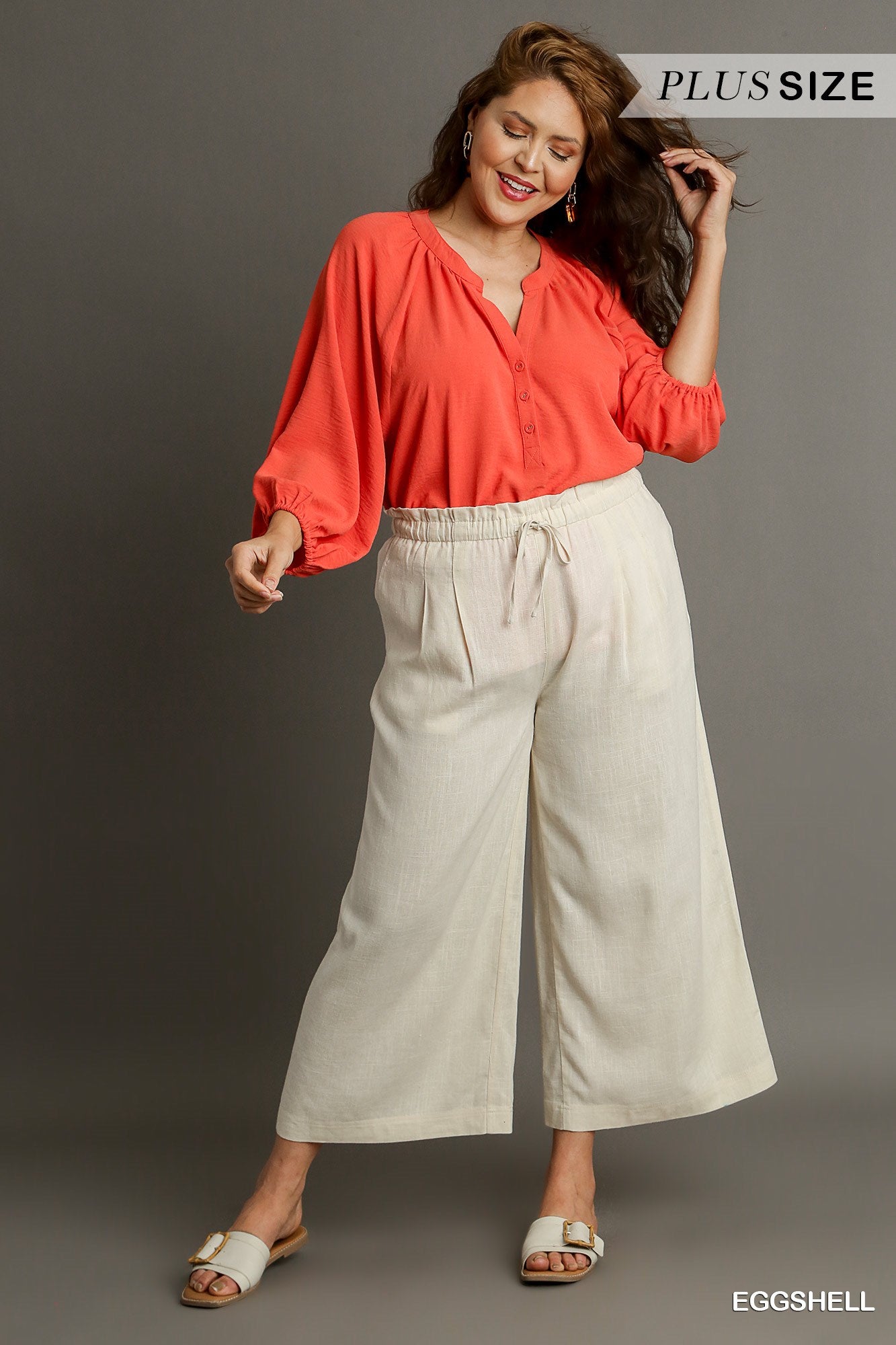 Umgee Plus Linen Wide Fit Drawstring Side Pockets Ruffle Waist Band Pants