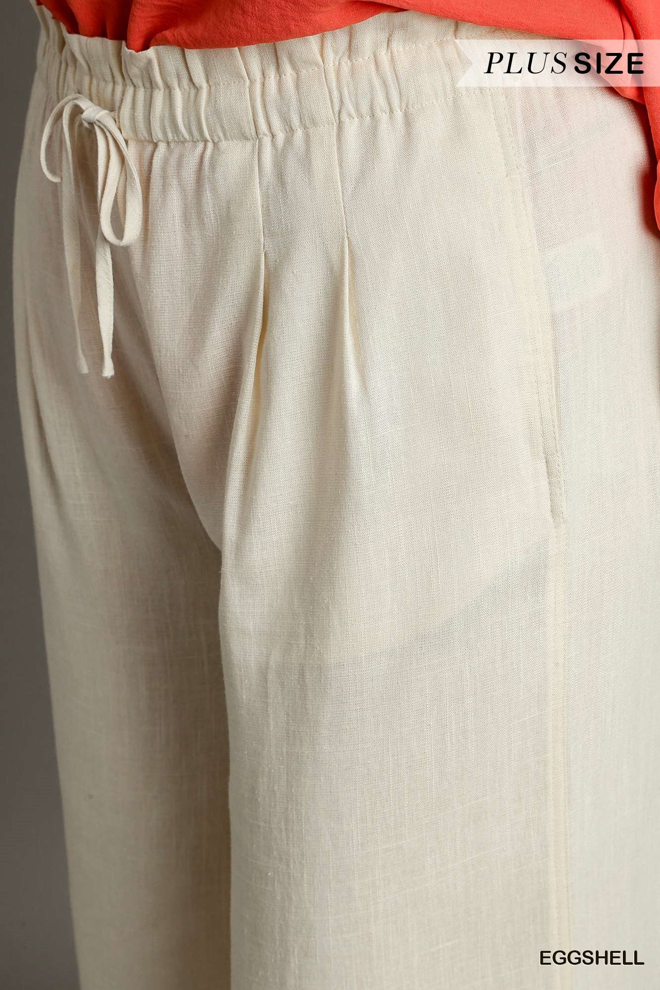 Umgee Plus Linen Wide Fit Drawstring Side Pockets Ruffle Waist Band Pants