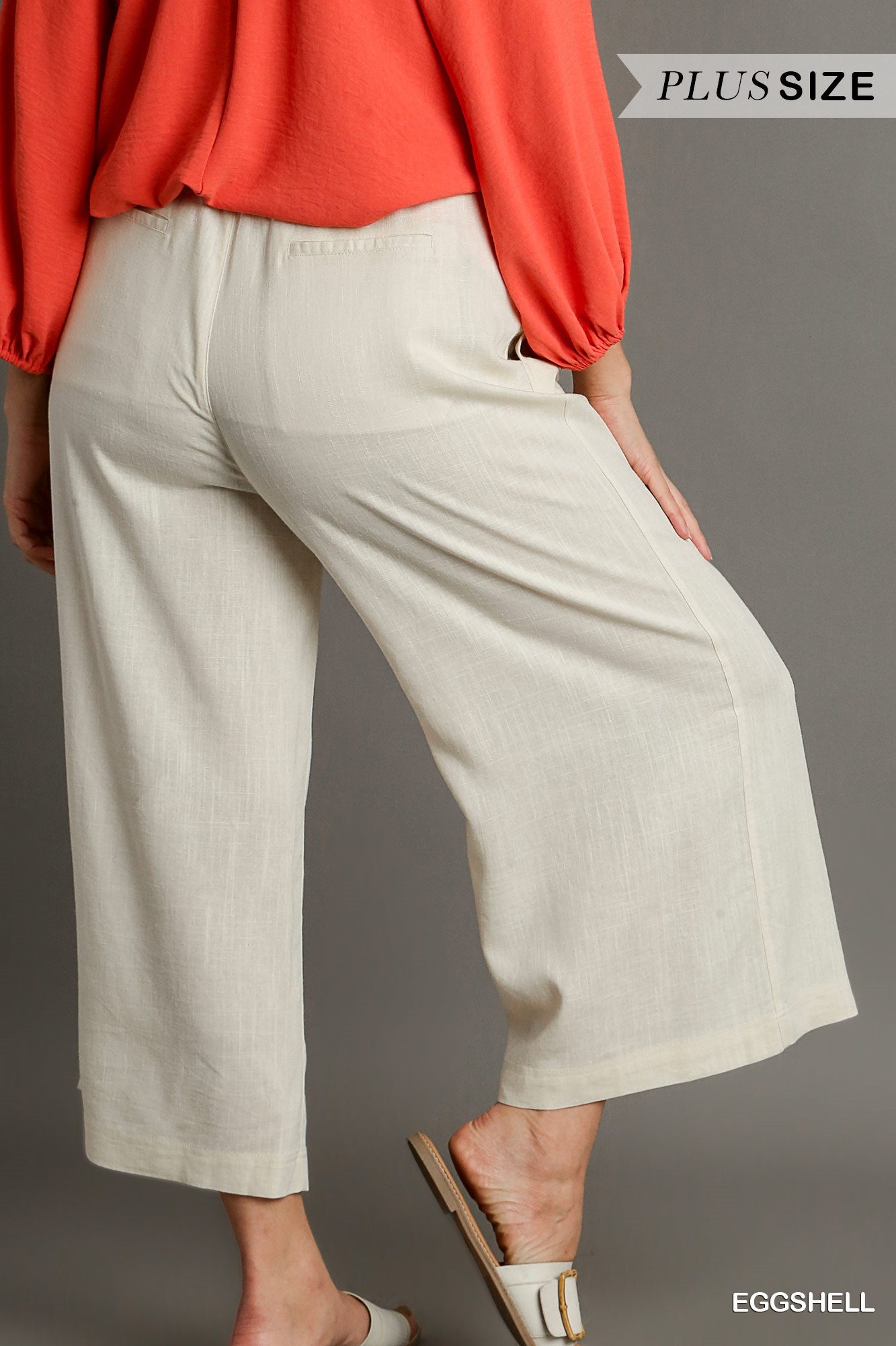 Umgee Plus Linen Wide Fit Drawstring Side Pockets Ruffle Waist Band Pants