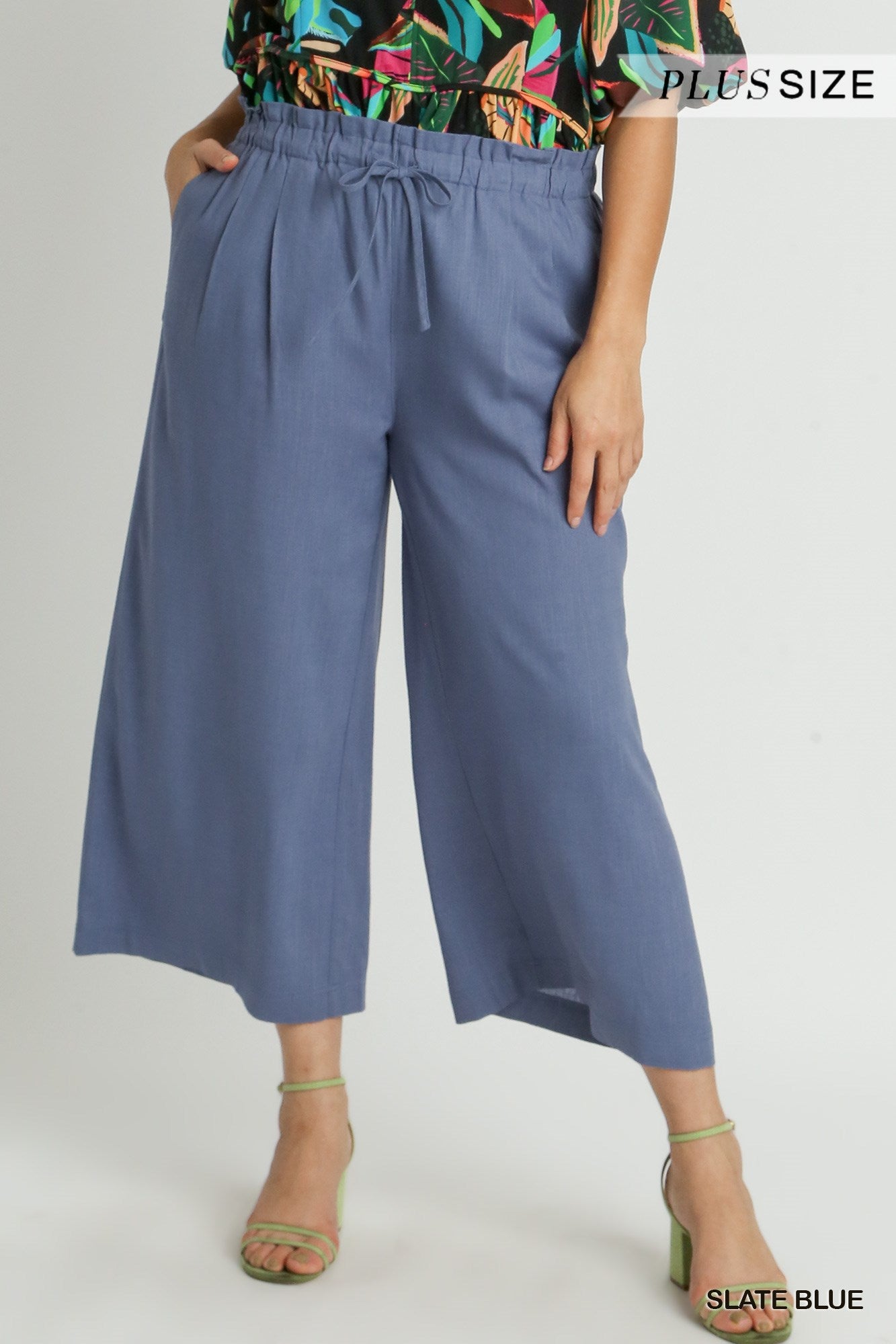 Umgee Plus Linen Wide Fit Drawstring Side Pockets Ruffle Waist Band Pants