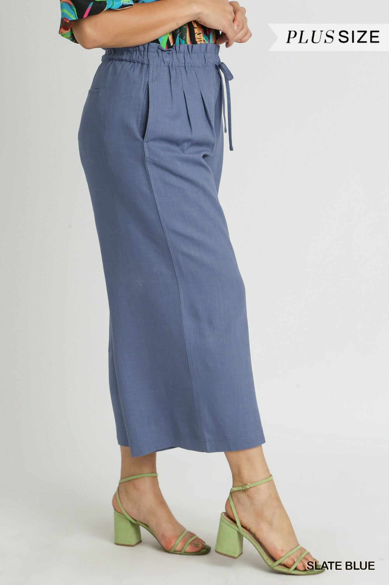 Umgee Plus Linen Wide Fit Drawstring Side Pockets Ruffle Waist Band Pants
