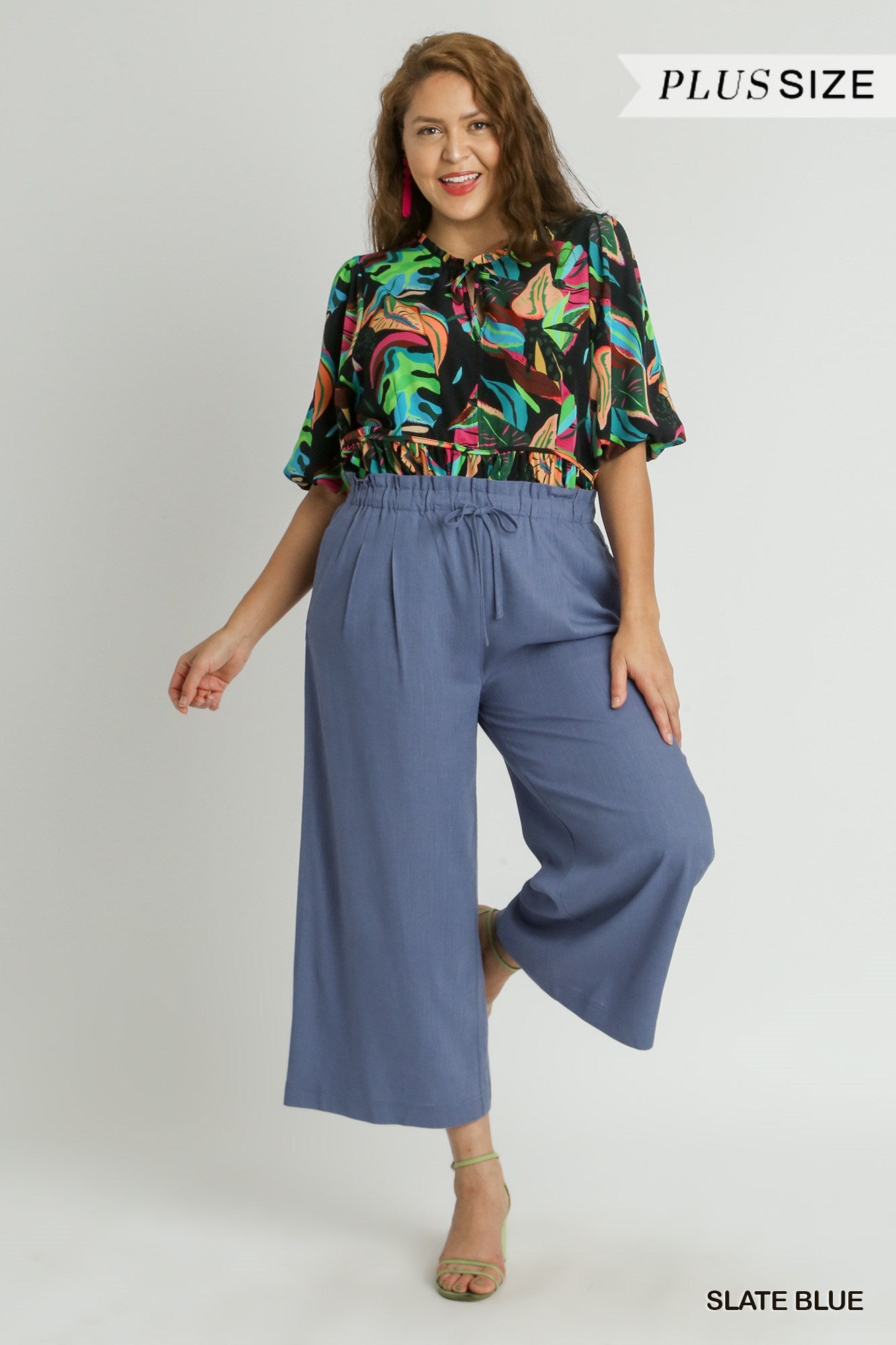 Umgee Plus Linen Wide Fit Drawstring Side Pockets Ruffle Waist Band Pants