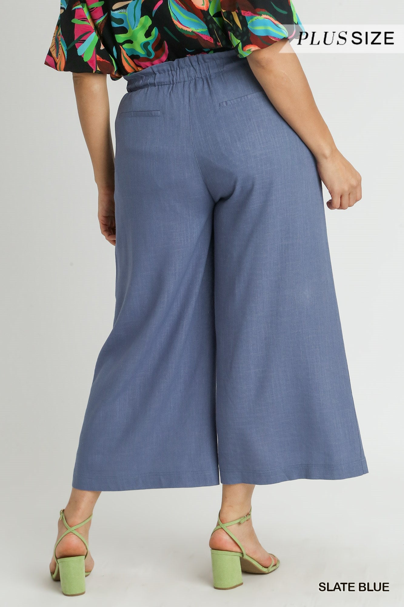 Umgee Plus Linen Wide Fit Drawstring Side Pockets Ruffle Waist Band Pants