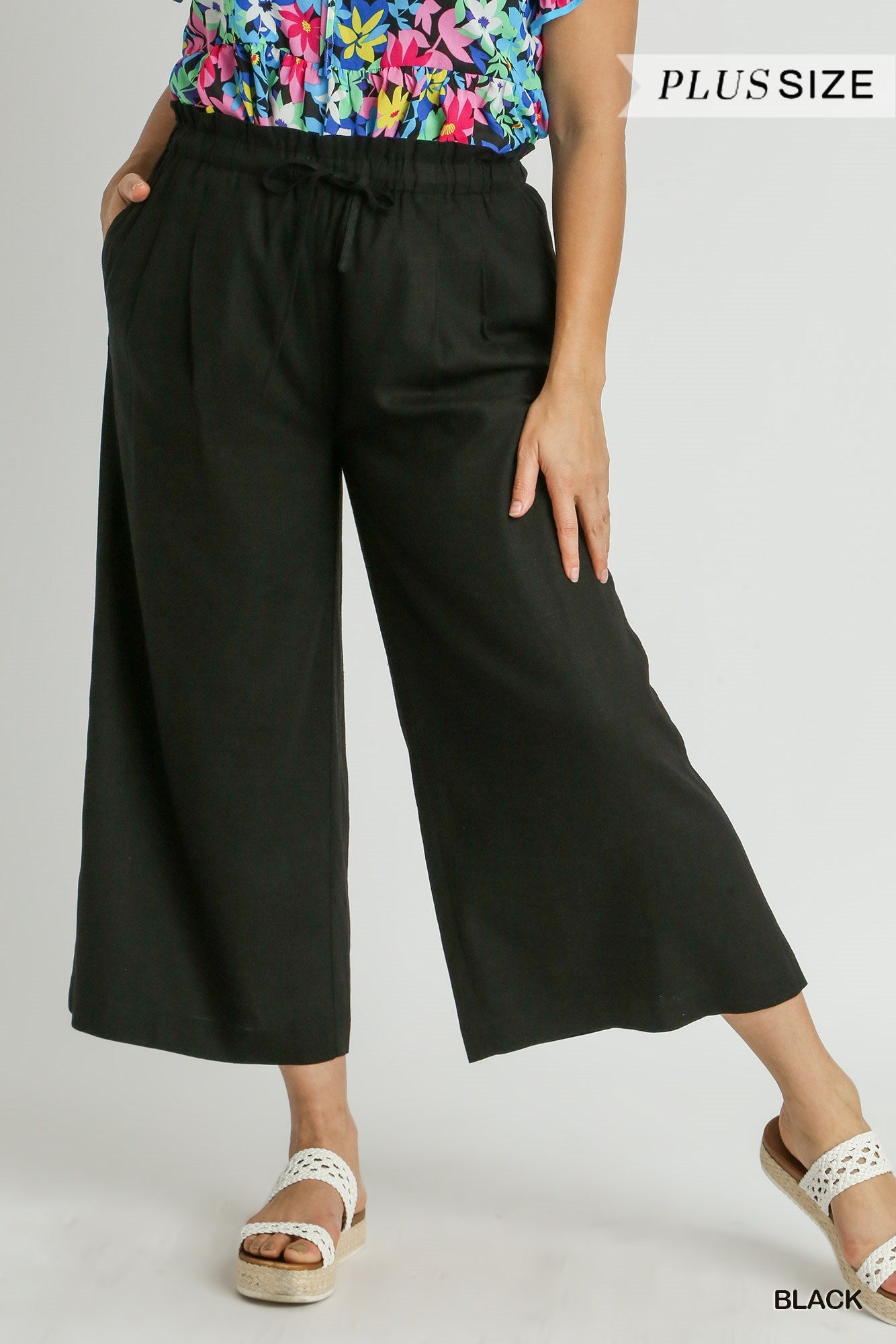 Umgee Plus Linen Wide Fit Drawstring Side Pockets Ruffle Waist Band Pants