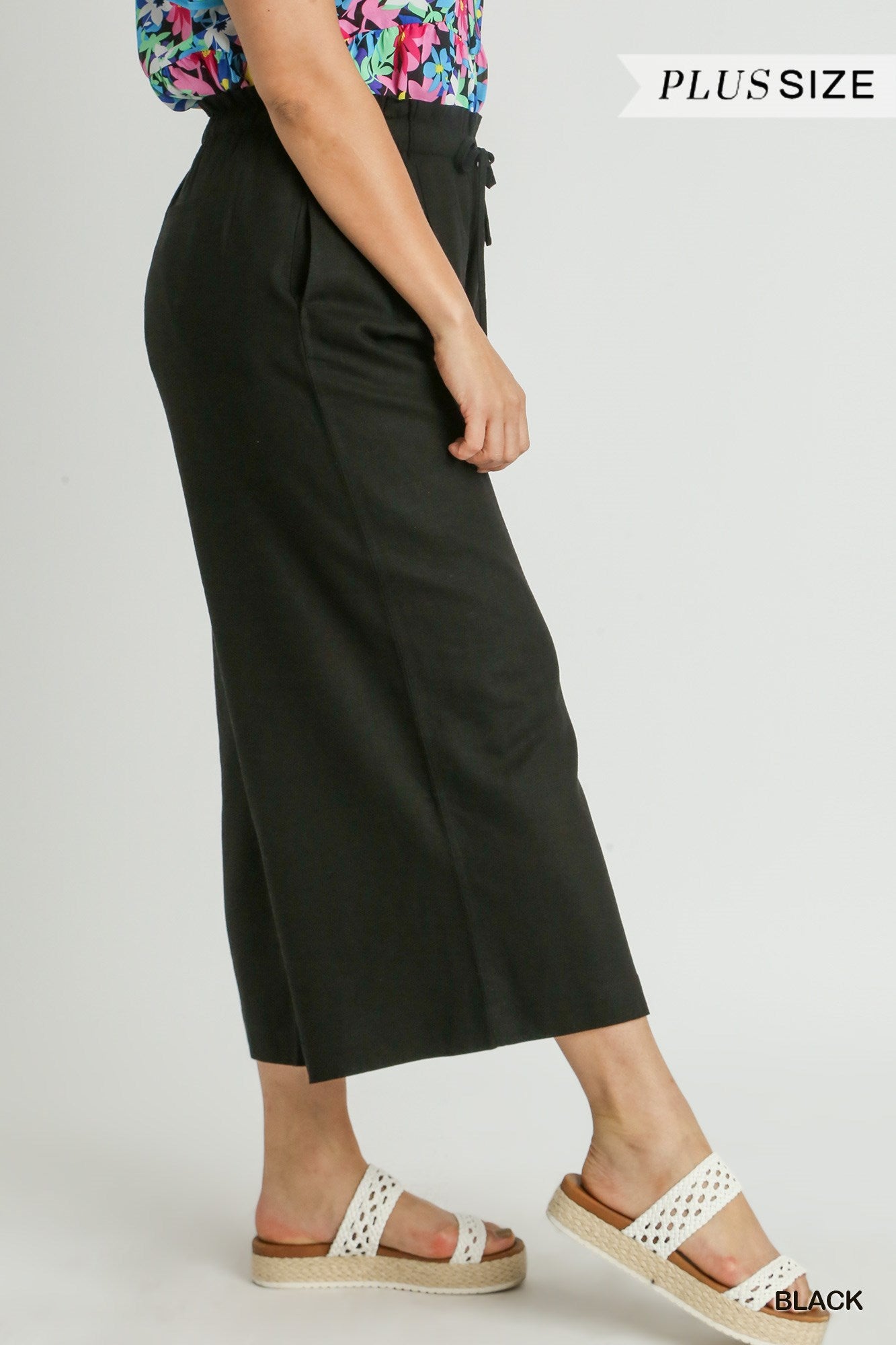 Umgee Plus Linen Wide Fit Drawstring Side Pockets Ruffle Waist Band Pants