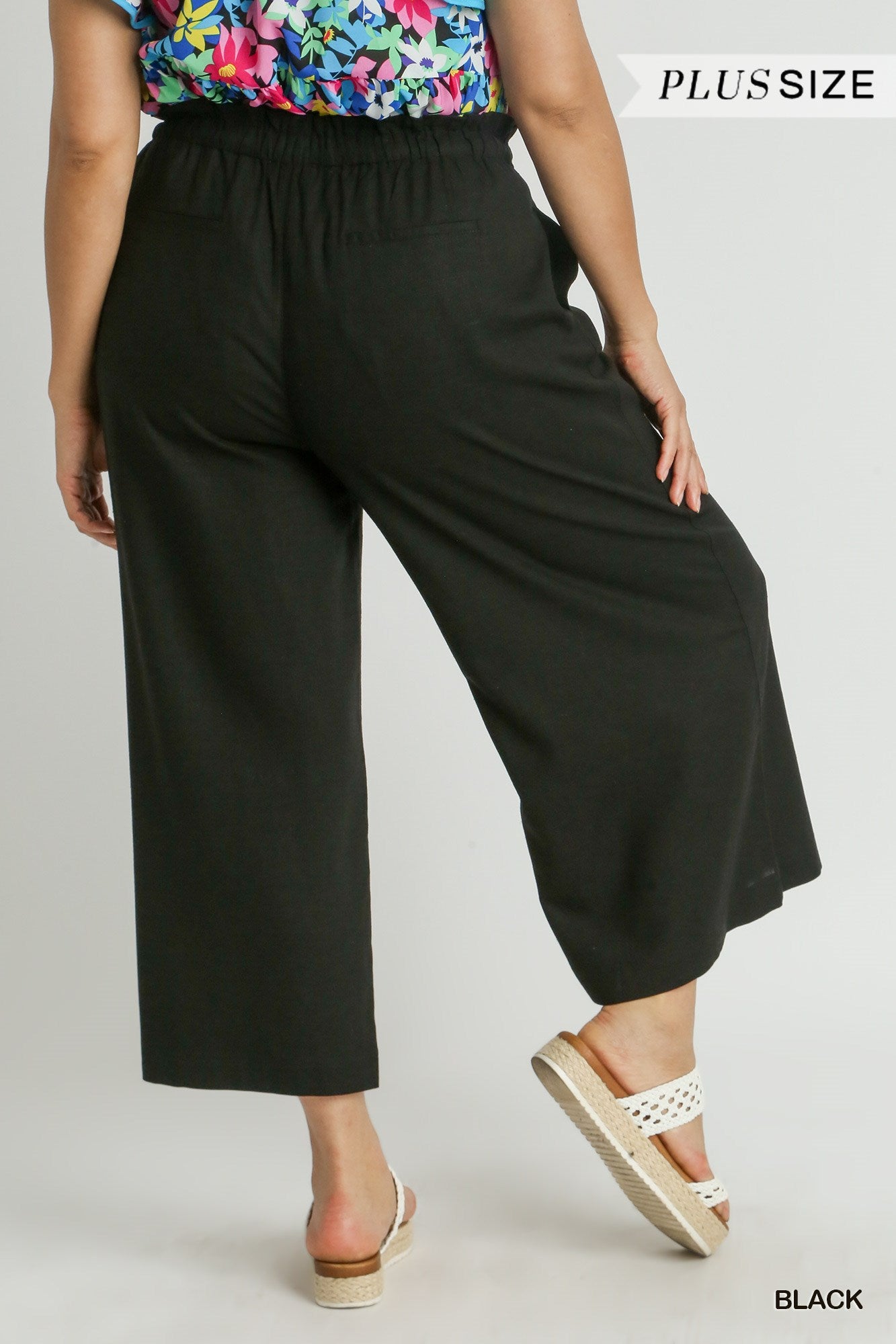 Umgee Plus Linen Wide Fit Drawstring Side Pockets Ruffle Waist Band Pants