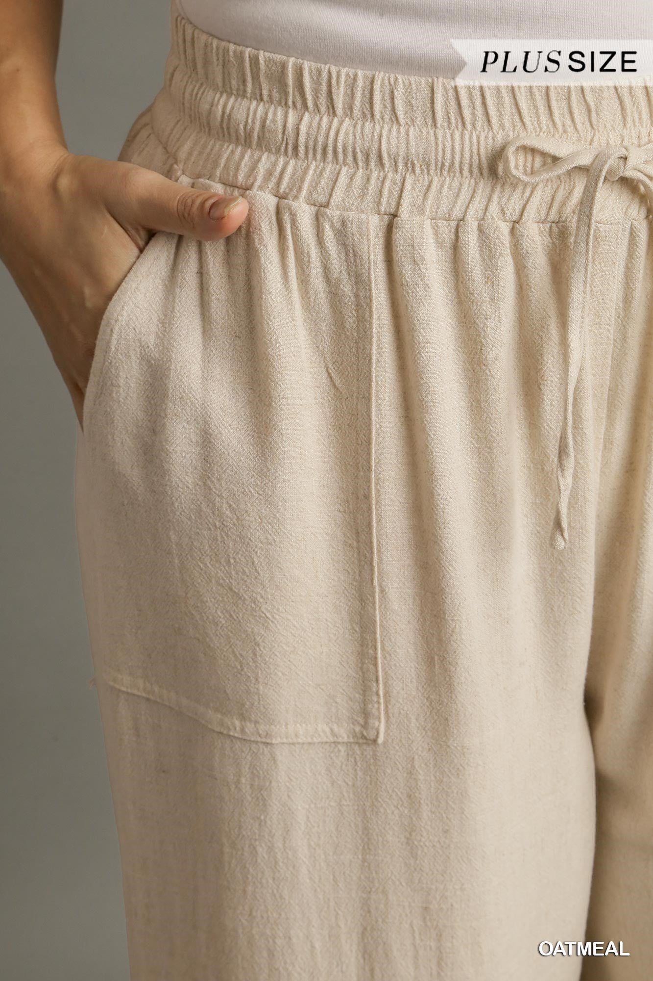 Umgee Plus Linen Elastic Wide Leg Frayed Hem Front Tie Pants