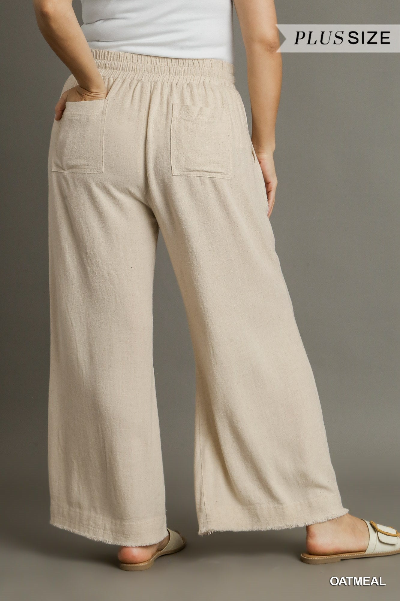 Umgee Plus Linen Elastic Wide Leg Frayed Hem Front Tie Pants
