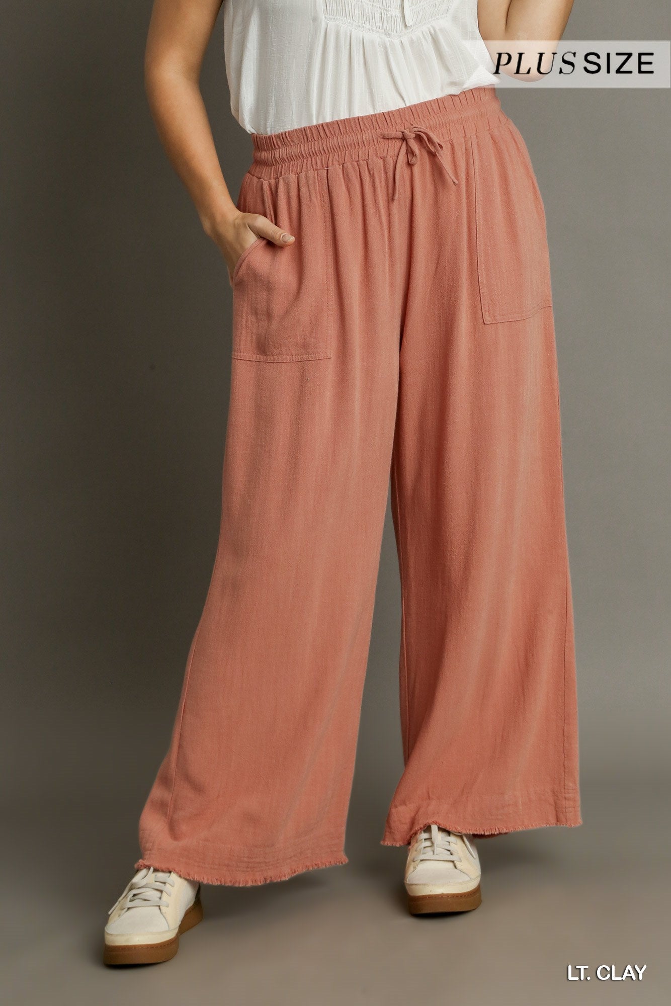 Umgee Plus Linen Elastic Wide Leg Frayed Hem Front Tie Pants