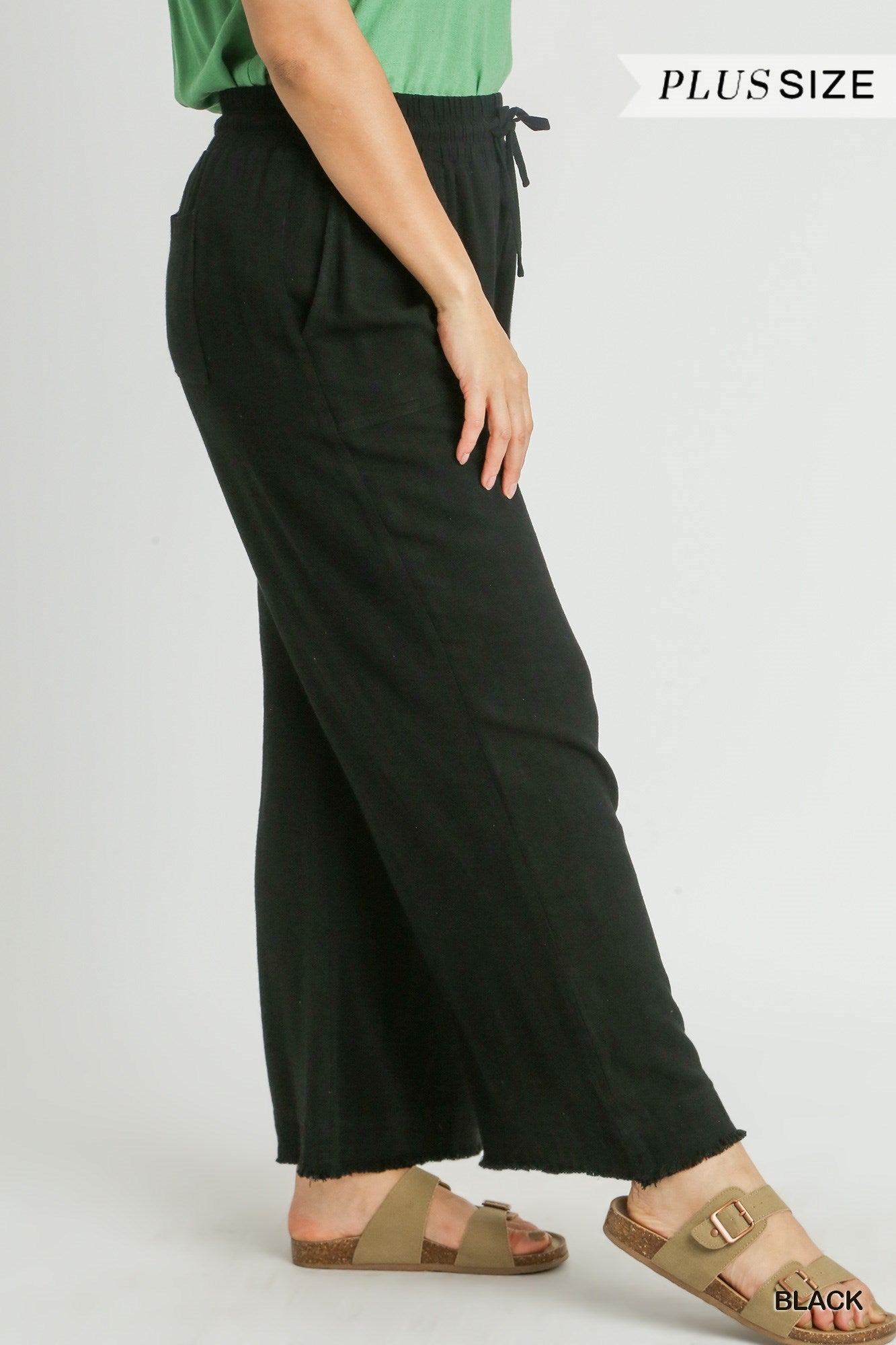 Umgee Plus Linen Elastic Wide Leg Frayed Hem Front Tie Pants