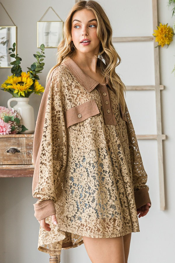 Oli & Hali Washed Lace Waffle Mixed Shirts Top