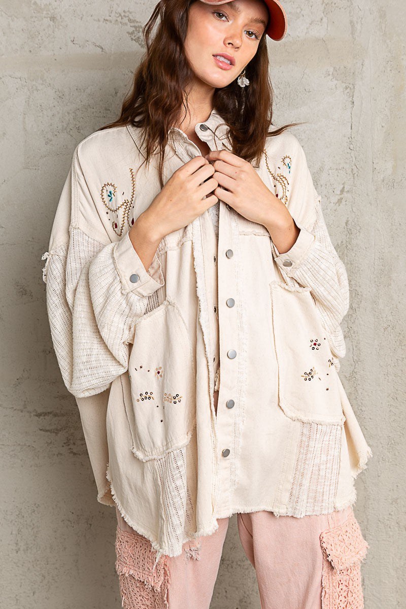 POL Oversize Balloon Sleeve Embroidered Detail Collared Sequin Shirt - Roulhac Fashion Boutique