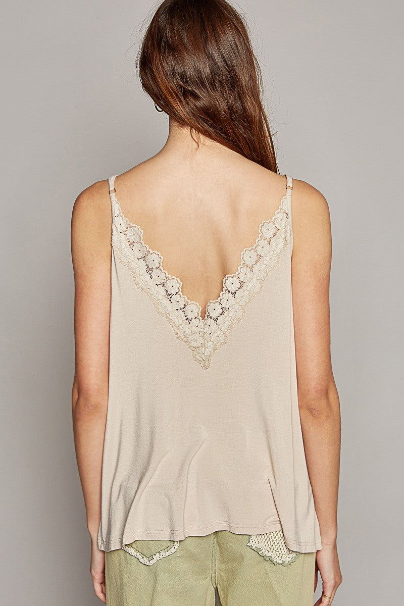 POL Vintage Washed Trim V-Neck Sleeveless Solid Top