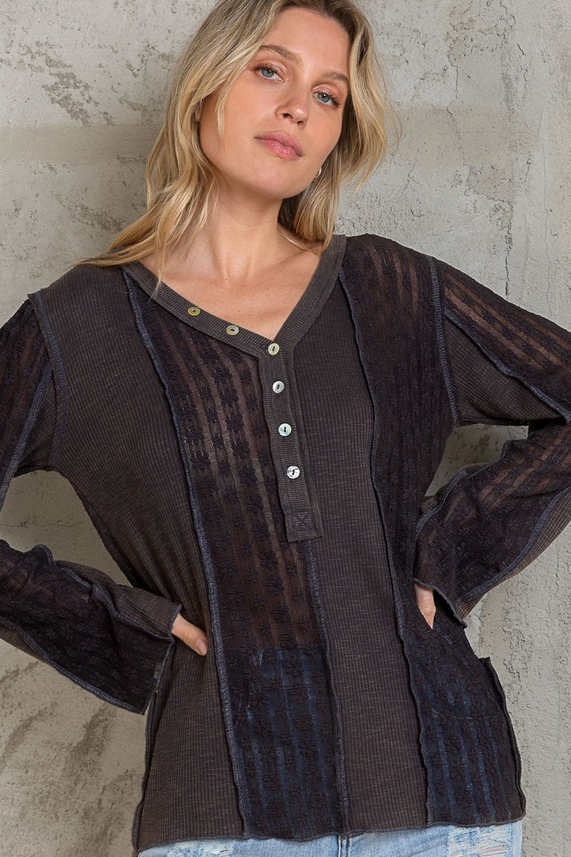 POL Henley Contrast Fabric Long Sleeve V Neck Top