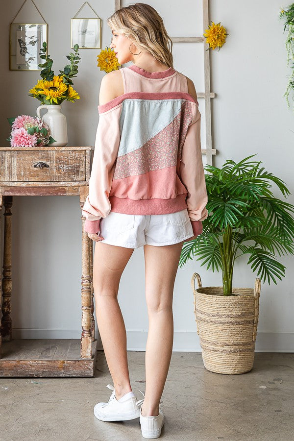 Oli & Hali Washed Fabric Mixed Cutout Shoulder Tunic Top