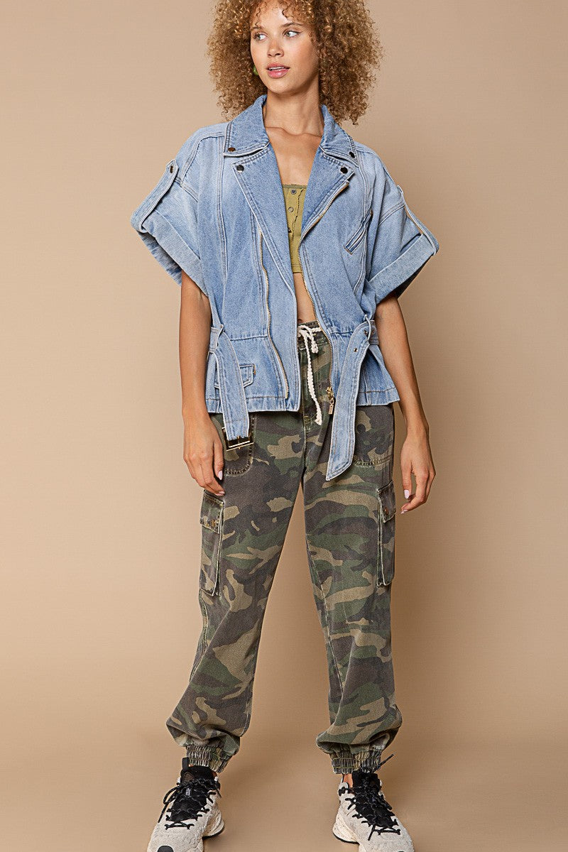 POL Asymmetrical Zipper Dropped Shoulders Waist Belt Denim Jacket