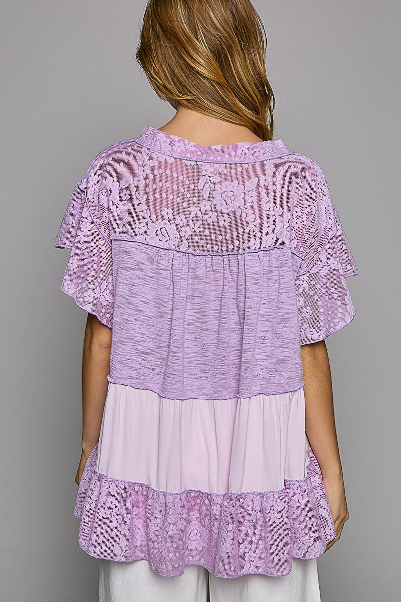 POL Scoop Neck Ruffle Sleeve Crochet Lace Solid Top