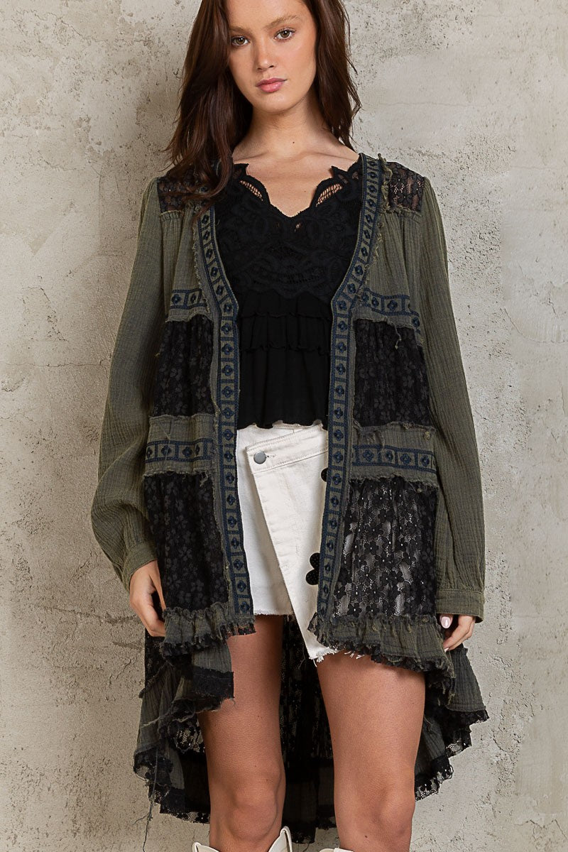 POL Cuff Sleeve Sheer Lace Panels Cardigan Top