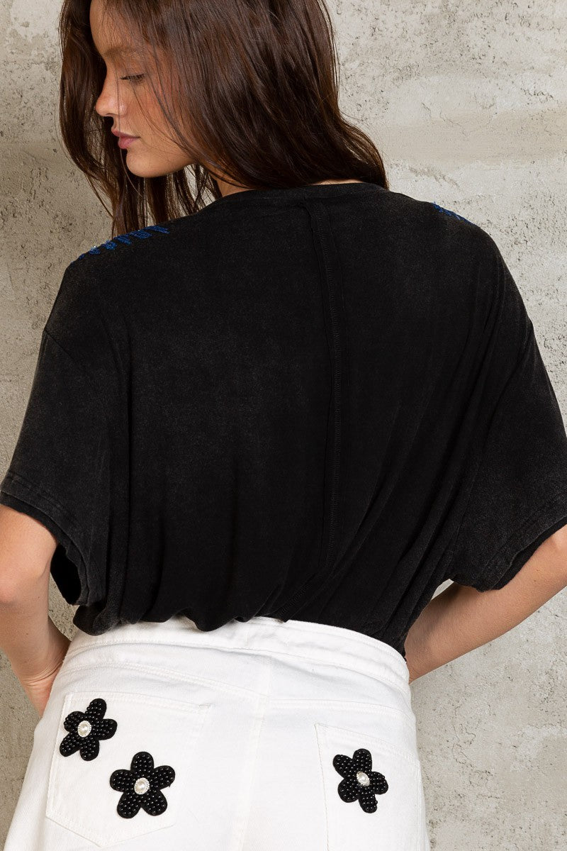 POL Embroidered Sequin And Beads Detail Short Length Sleeve VNeck Top - Roulhac Fashion Boutique