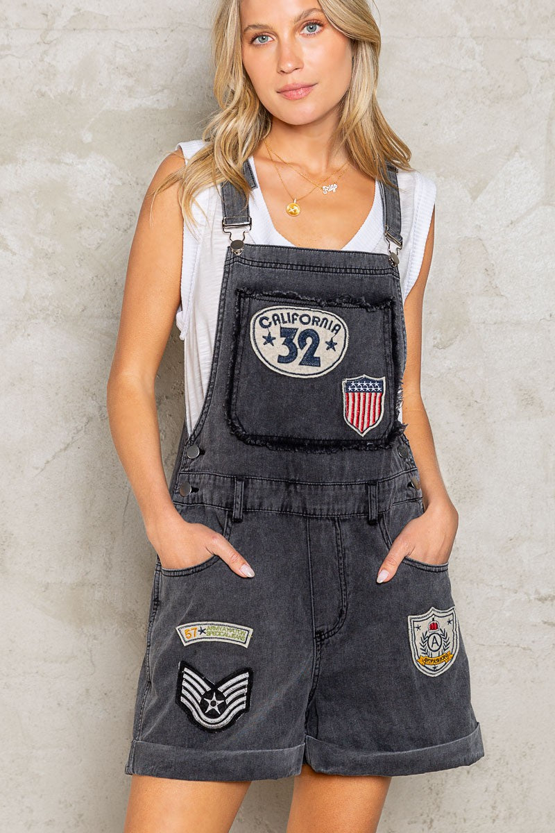 POL Patch Work Detail Pockets Raw Edge Detailing Overalls Romper