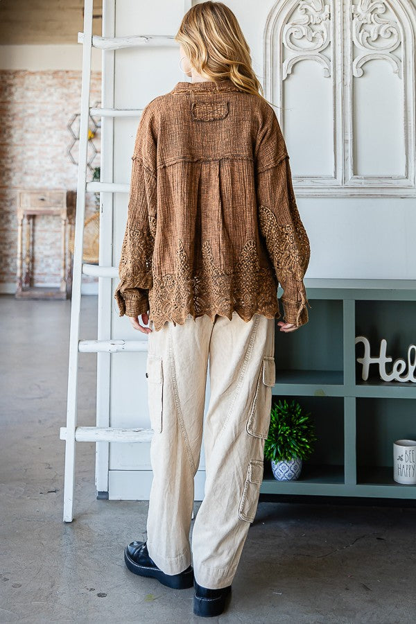 Oli & Hali Washed Lace Mixed Buttondown Shirt Top