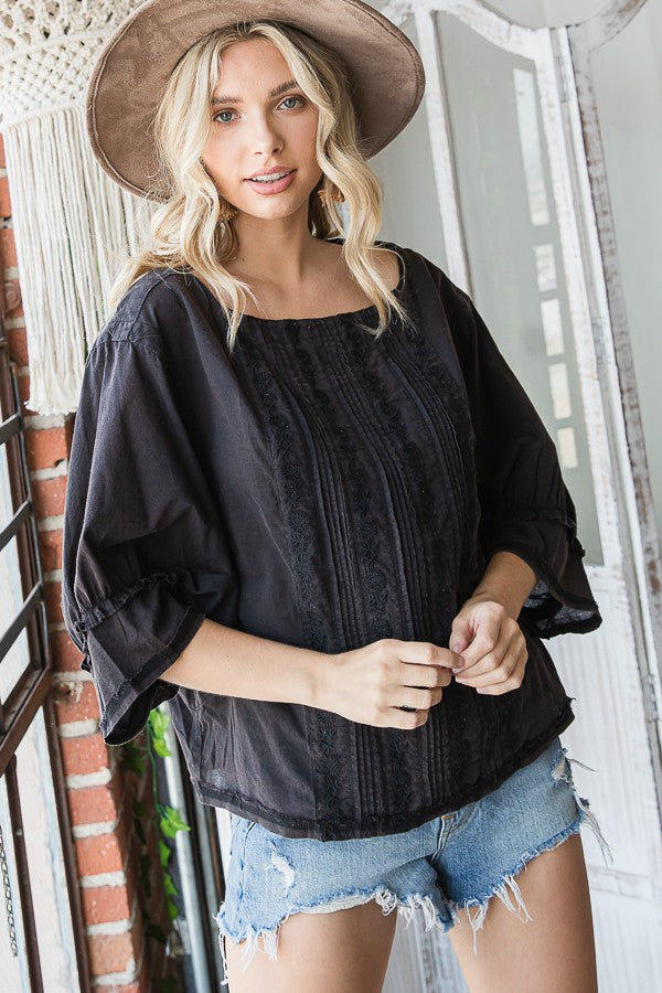 Oli & Hali Mineral Washed Embroidery Detail Front Solid Blouse Top