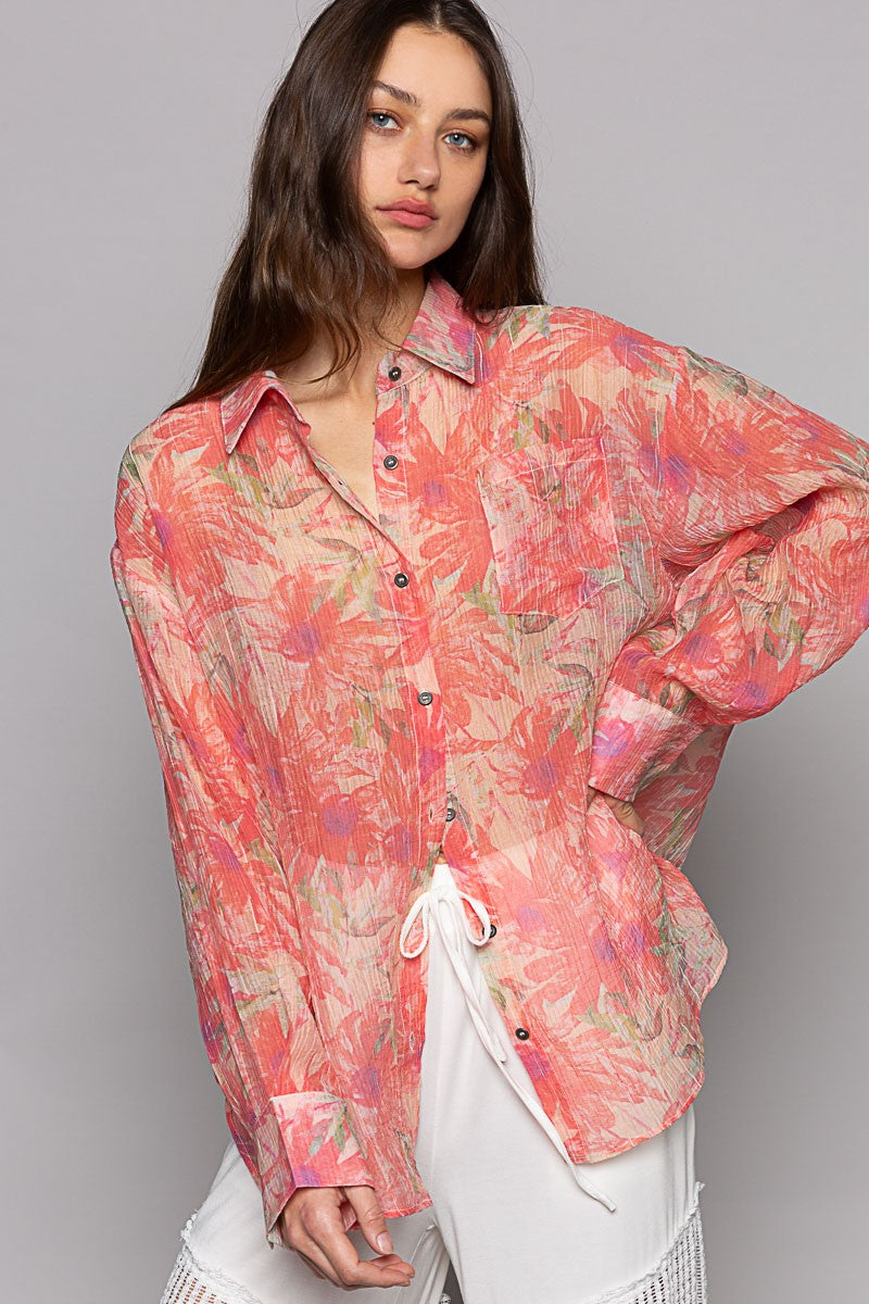 POL Floral Print Oversize Long Sleeve Button Down Top