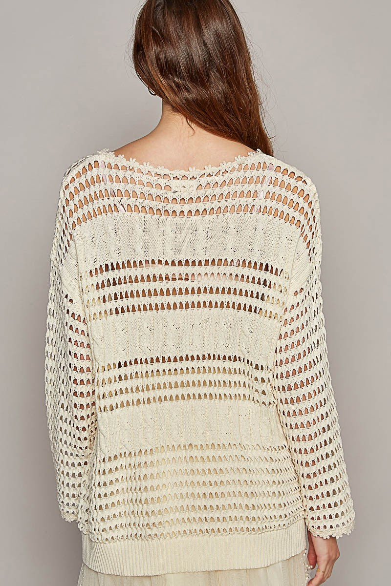 POL Round Neck Long Sleeve Rib Weave Solid Sweater Top