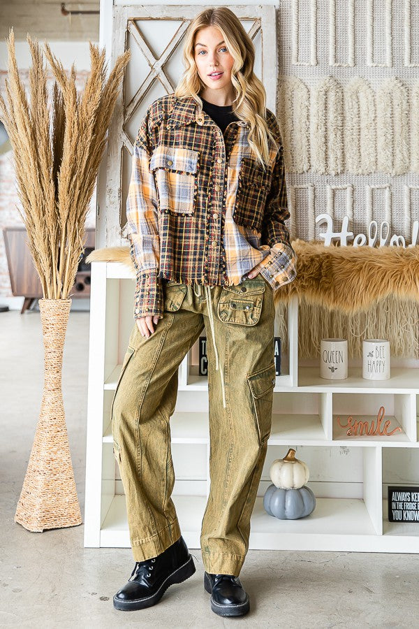 Oli & Hali Daisy Trimmed Washed Plaid Mixed Shirt Top