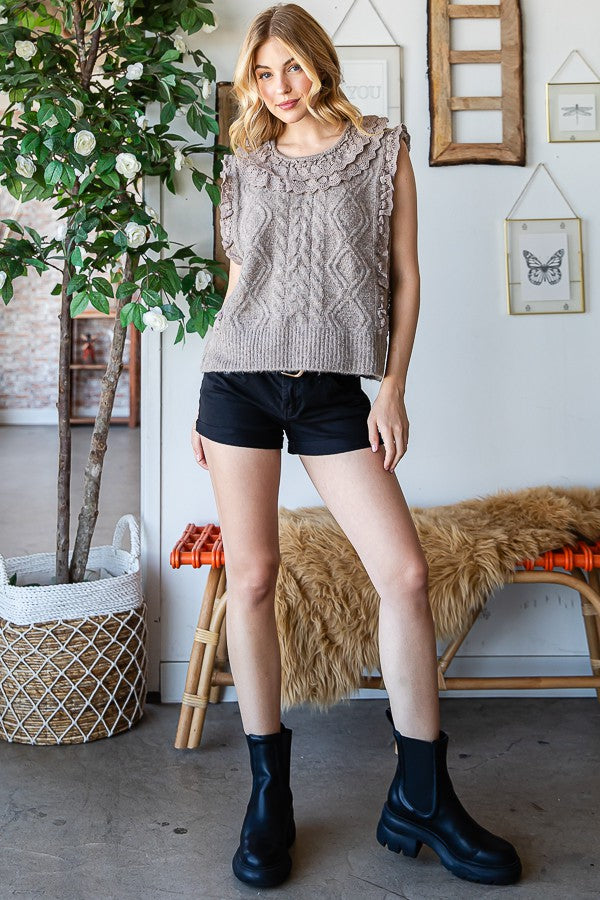 Oli & Hali Cable Knit Sweater Vest With Lace Trim Top