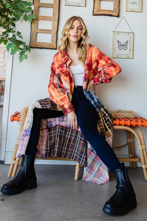 Oli & Hali Washed Plaid Mix Shirt Duster Jacket