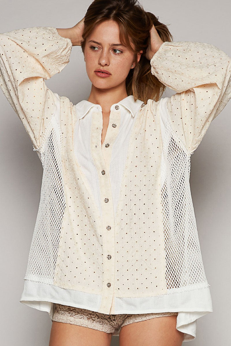 POL Oversize Long Sleeve Crochet Trim Button Down Top
