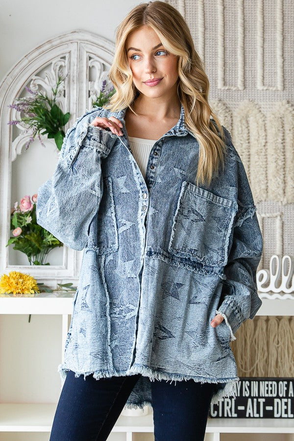 Oli & Hali Star Texture Denim Washed Oversize Shirts Jacket