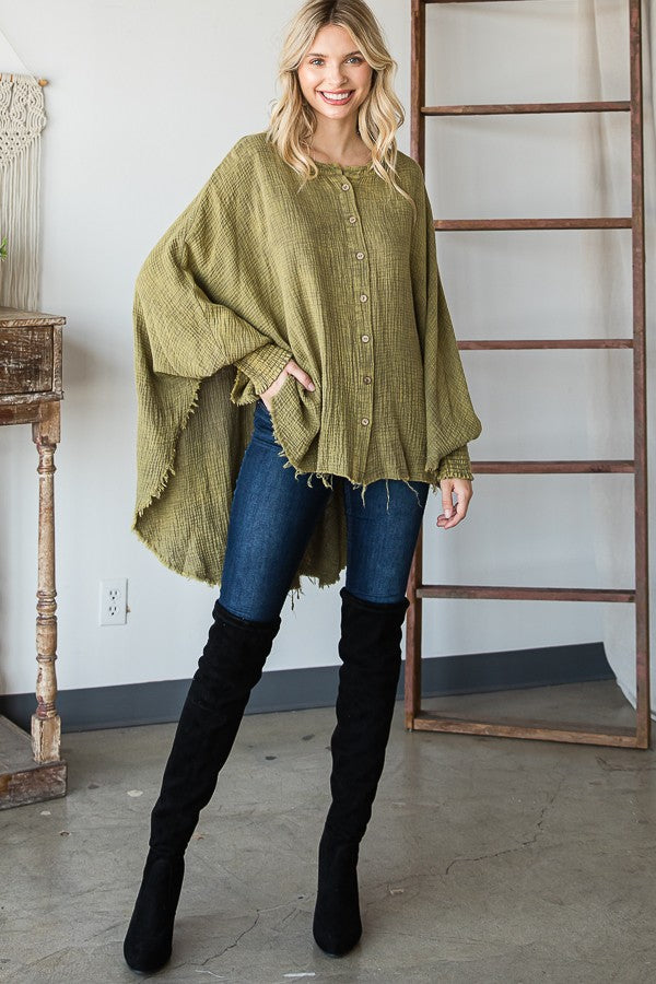 Oli & Hali Mineral Washed Button Down Crinkled Woven Oversize Top