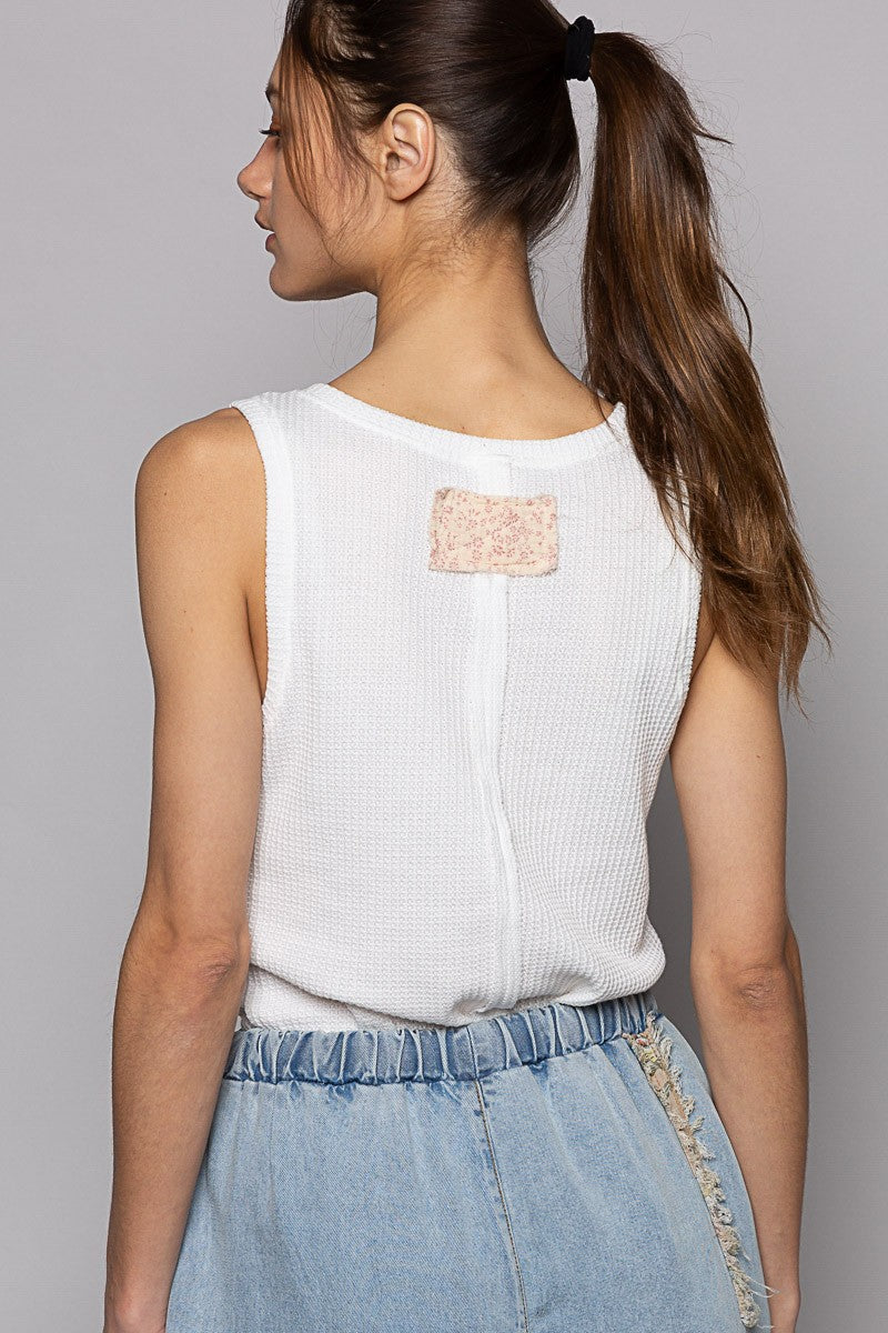 POL Button Down Henly Neck Solid Thermal Sleeveless Top