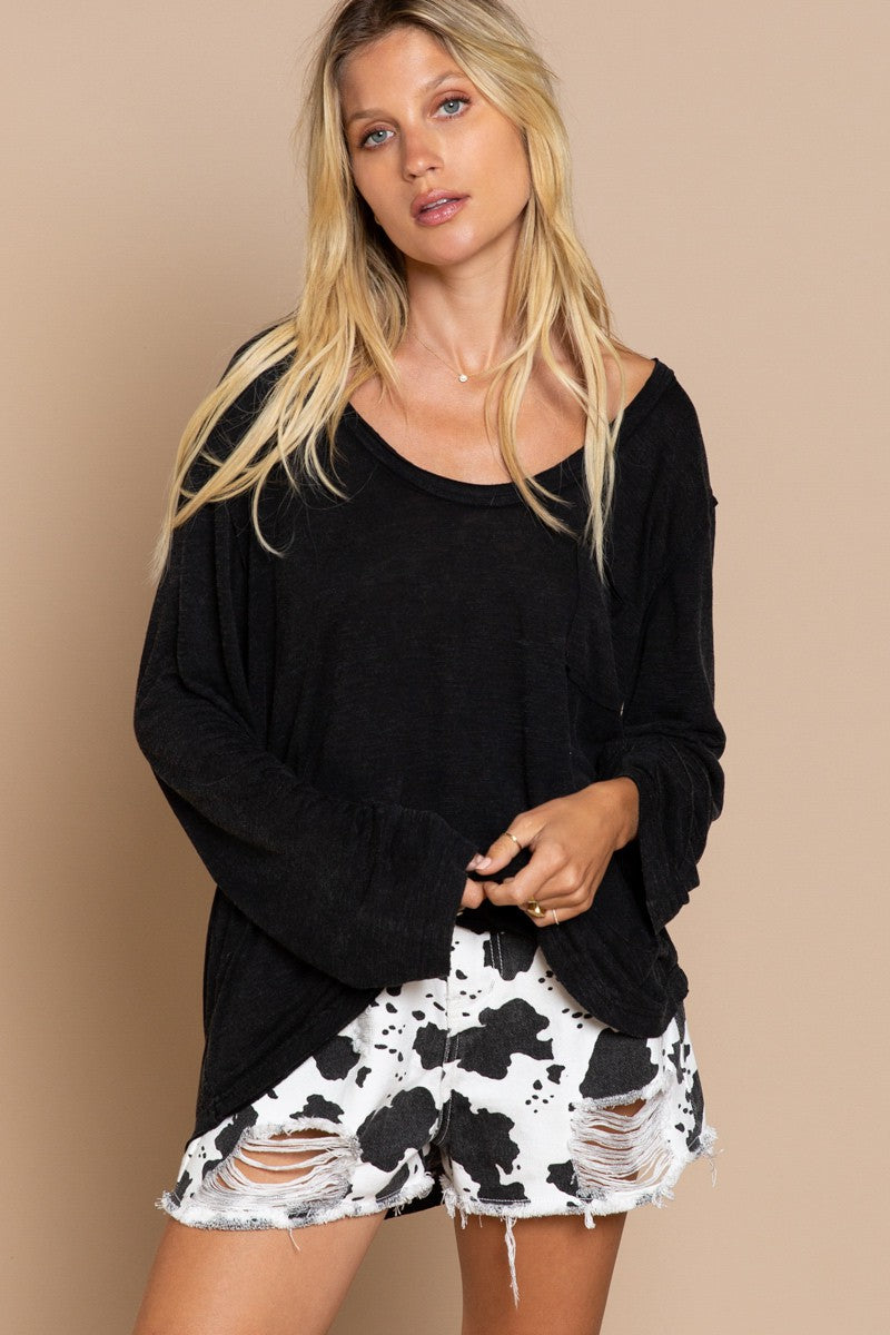 POL Pocket Front Long Sleeve Boat Neck Slub Knit Tee Top