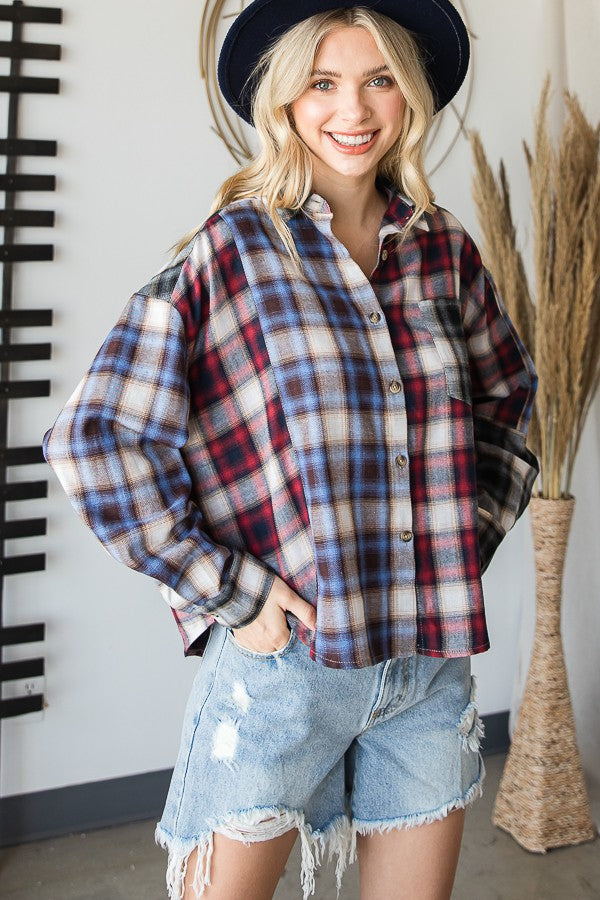 Oli & Hali Mix N Match Plaid Cropped Button Down Shirt Top